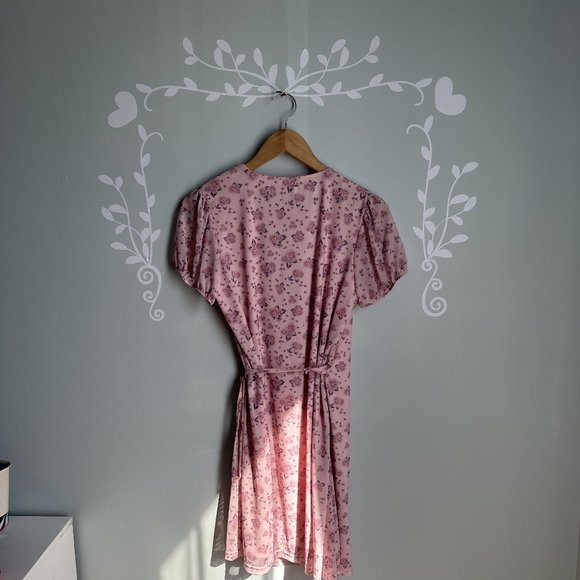 Simons Pink Floral Mesh Wrap Dress L - Picture 5 of 8